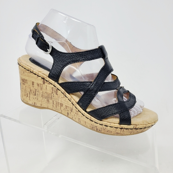 Born Boc Black Leather Cork Wedge Platform Sandals
